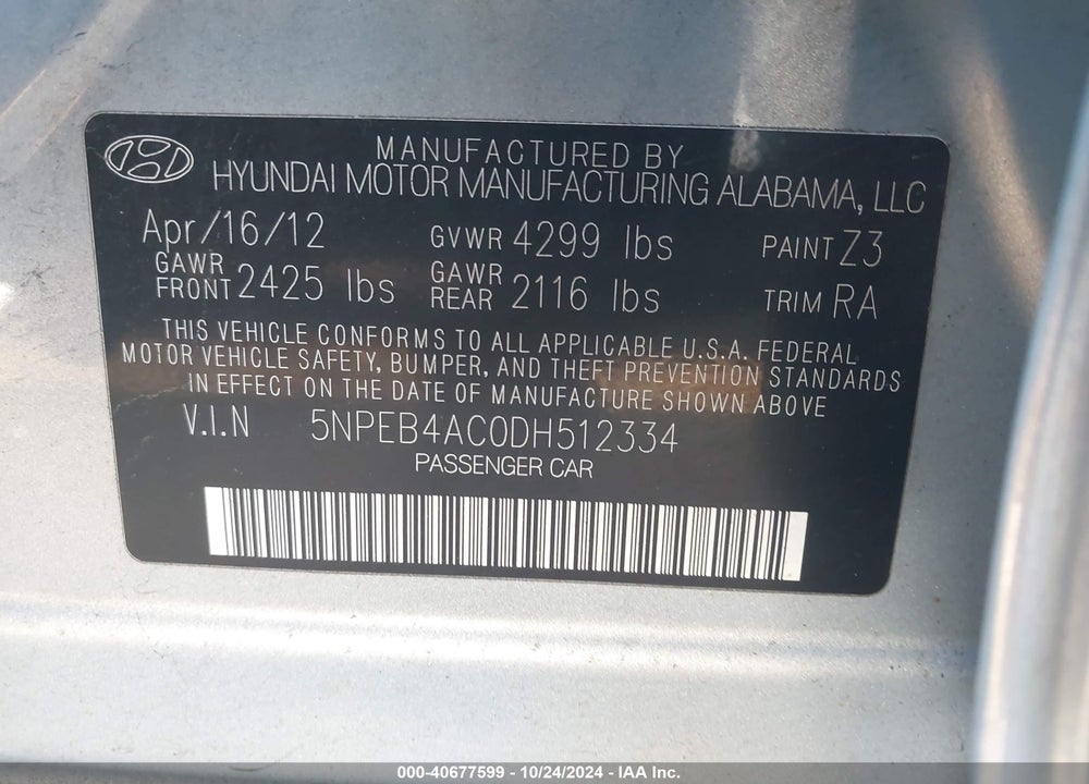 2013 HYUNDAI SONATA GLS VIN: 5NPEB4AC0DH512334