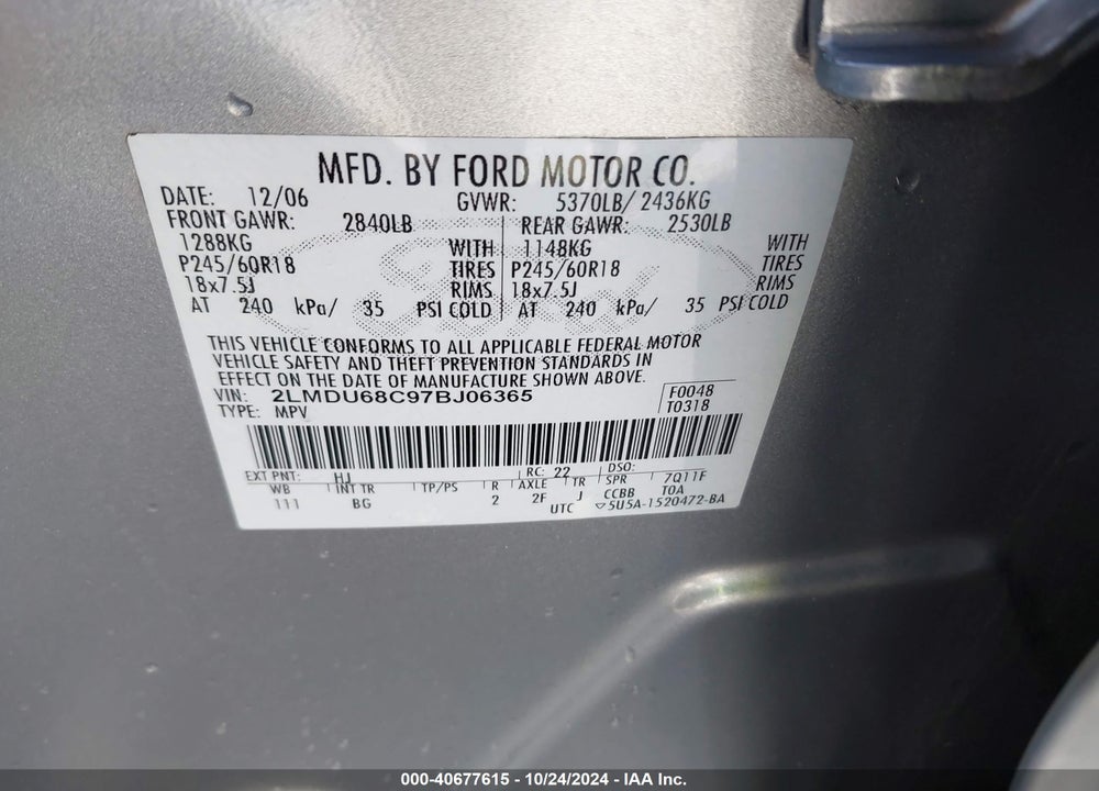 2007 LINCOLN MKX VIN: 2LMDU68C97BJ06365