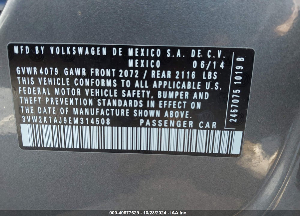 2014 VOLKSWAGEN JETTA 2.0L S VIN: 3VW2K7AJ9EM314508