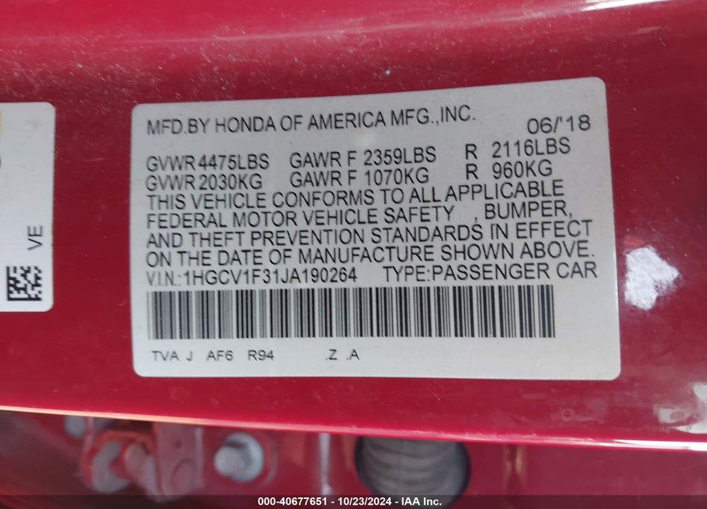 2018 HONDA ACCORD SPORT VIN: 1HGCV1F31JA190264