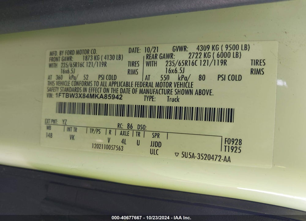 2021 FORD TRANSIT-350 CARGO VAN VIN: 1FTBW3X84MKA85942