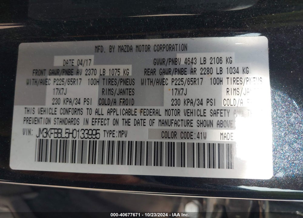 2017 MAZDA CX-5 SPORT VIN: JM3KFBBL5H0133995