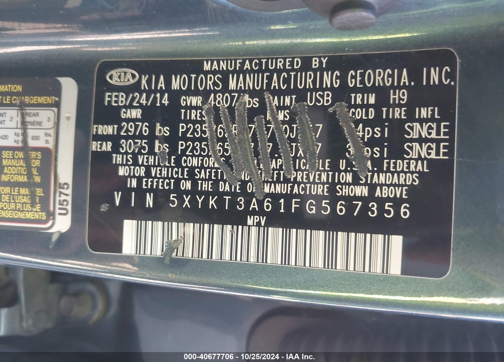 2015 KIA SORENTO LX VIN: 5XYKT3A61FG567356