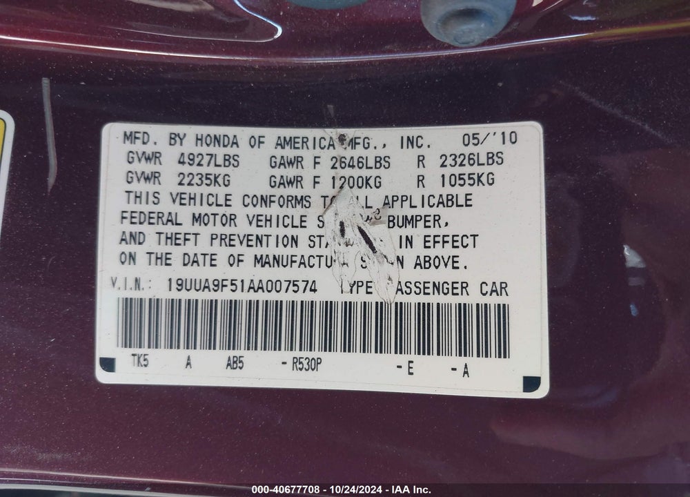 2010 ACURA TL 3.7 VIN: 19UUA9F51AA007574