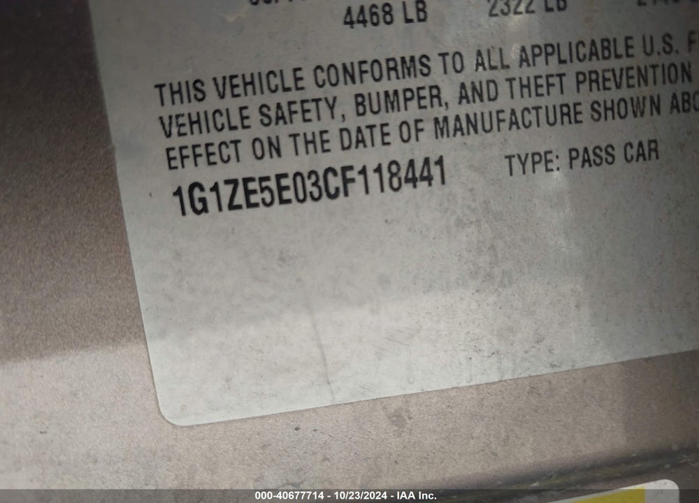 2012 CHEVROLET MALIBU 1LZ VIN: 1G1ZE5E03CF118441