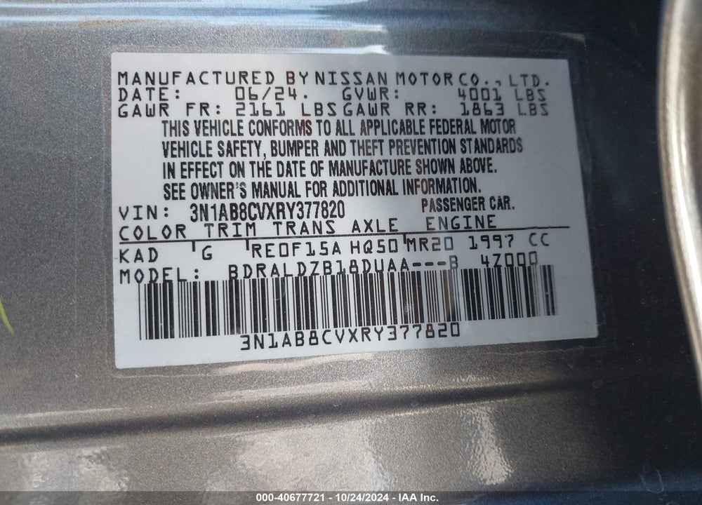 2024 NISSAN SENTRA SV XTRONIC CVT VIN: 3N1AB8CVXRY377820