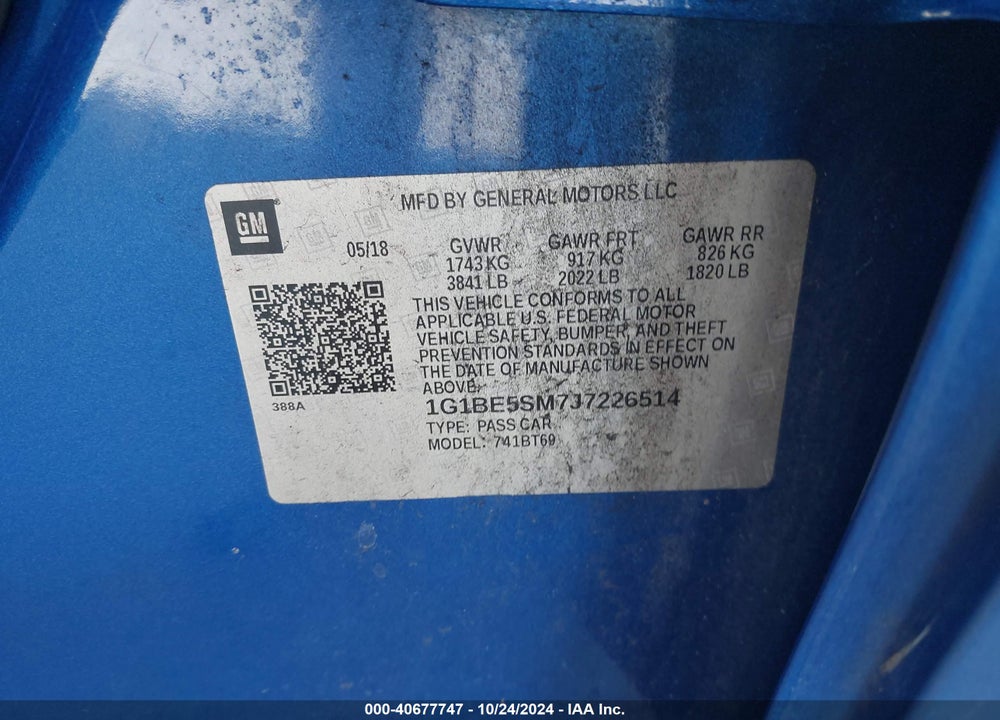 2018 CHEVROLET CRUZE LT AUTO VIN: 1G1BE5SM7J7226514