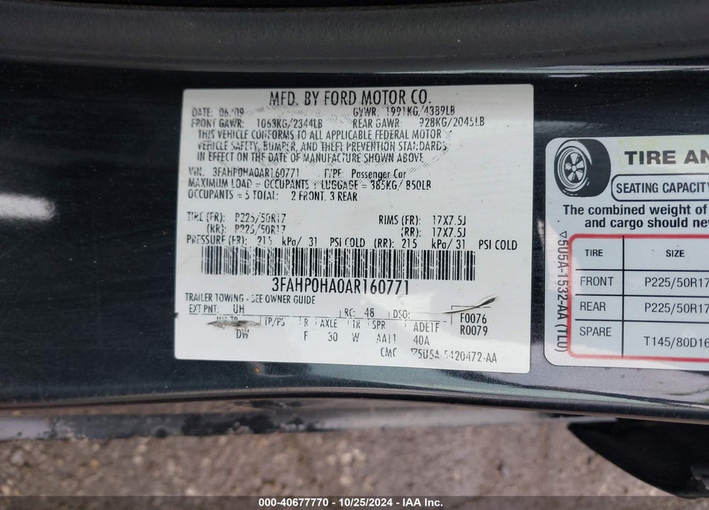 2010 FORD FUSION SE VIN: 3FAHP0HA0AR160771