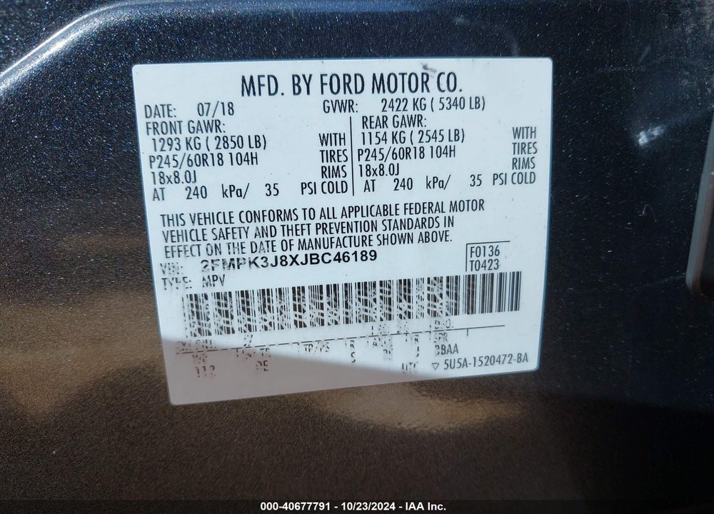2018 FORD EDGE SEL VIN: 2FMPK3J8XJBC46189