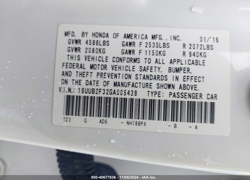 2016 ACURA TLX VIN: 19UUB2F32GA005439