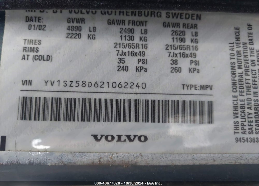 2002 VOLVO V70 XC VIN: YV1SZ58D621062240