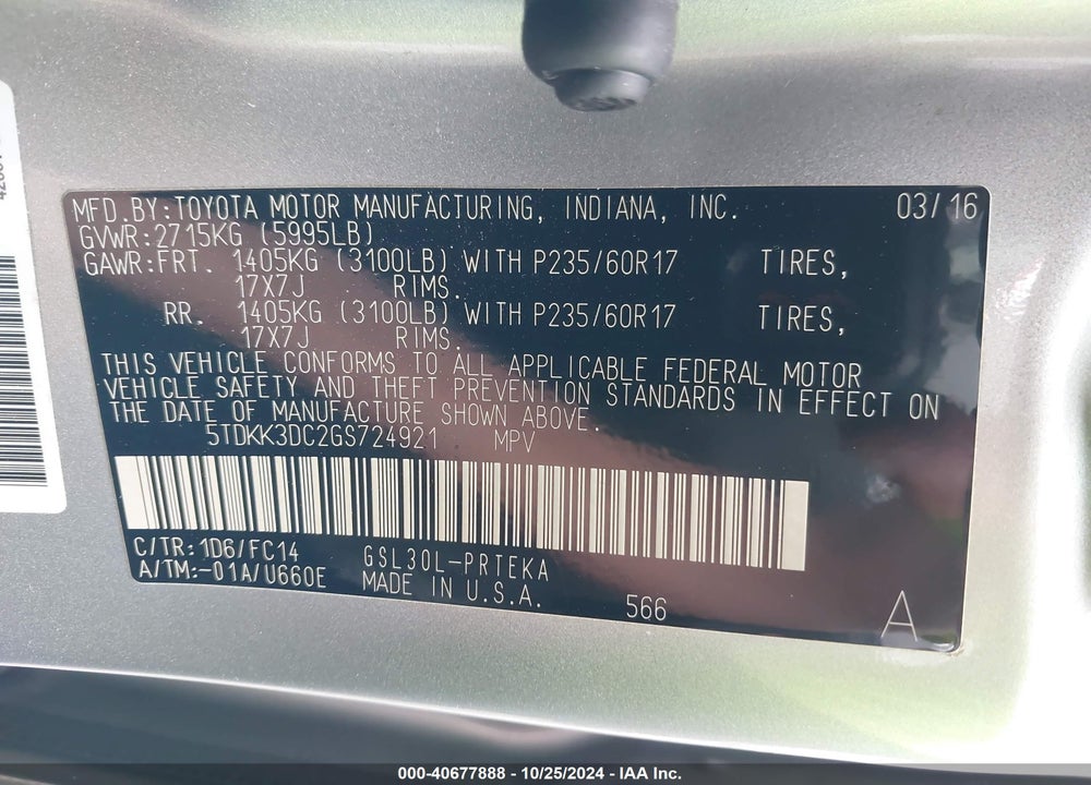 2016 TOYOTA SIENNA LE 8 PASSENGER VIN: 5TDKK3DC2GS724921