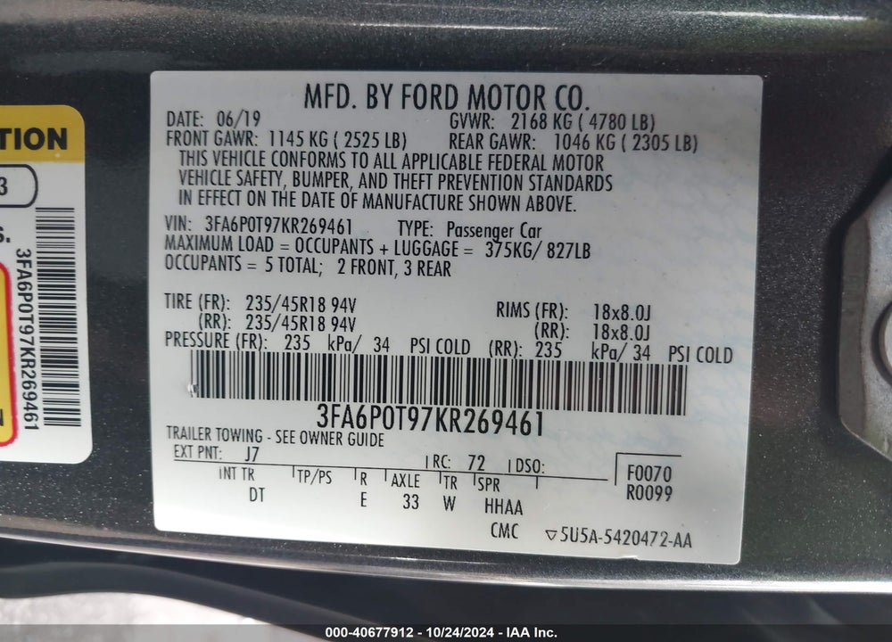2019 FORD FUSION SE VIN: 3FA6P0T97KR269461