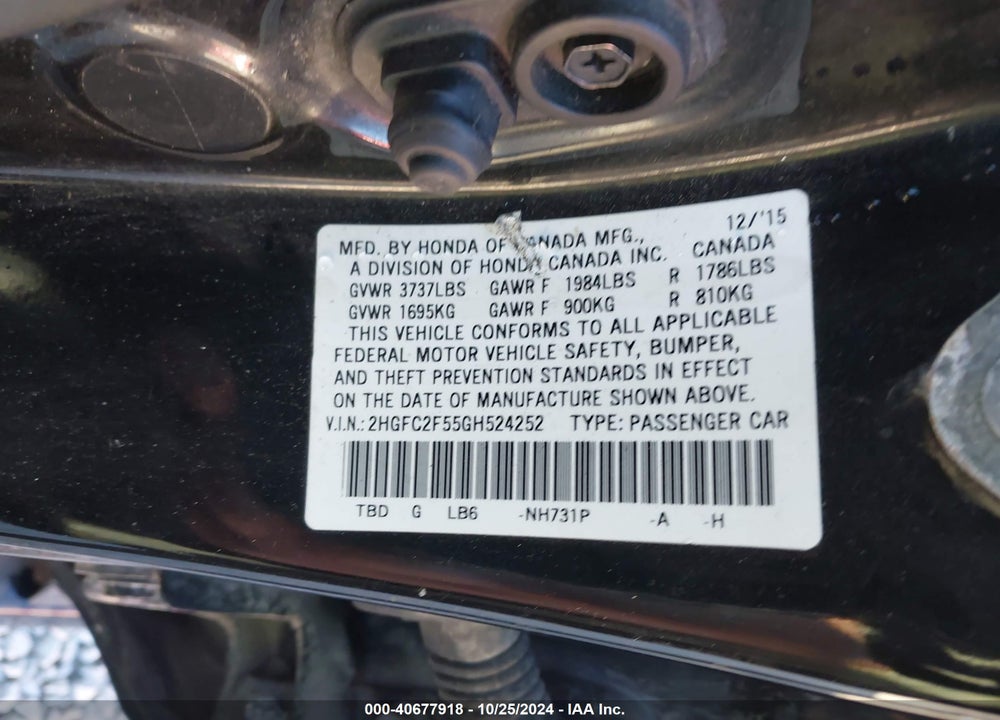 2016 HONDA CIVIC VIN: 2HGFC2F55GH524252