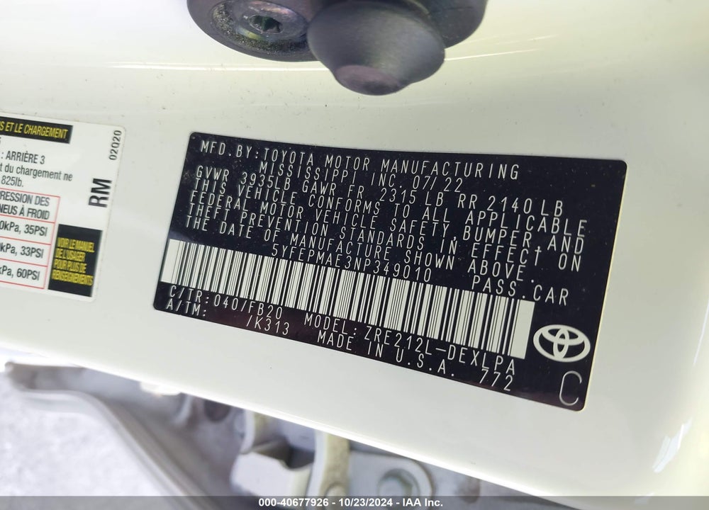 2022 TOYOTA COROLLA LE VIN: 5YFEPMAE3NP349010