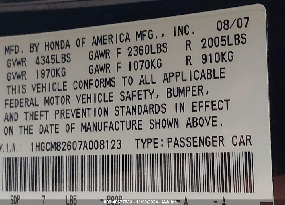 2007 HONDA ACCORD 3.0 EX VIN: 1HGCM82607A008123