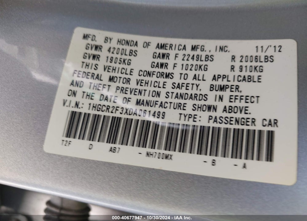 2013 HONDA ACCORD LX VIN: 1HGCR2F3XDA061499