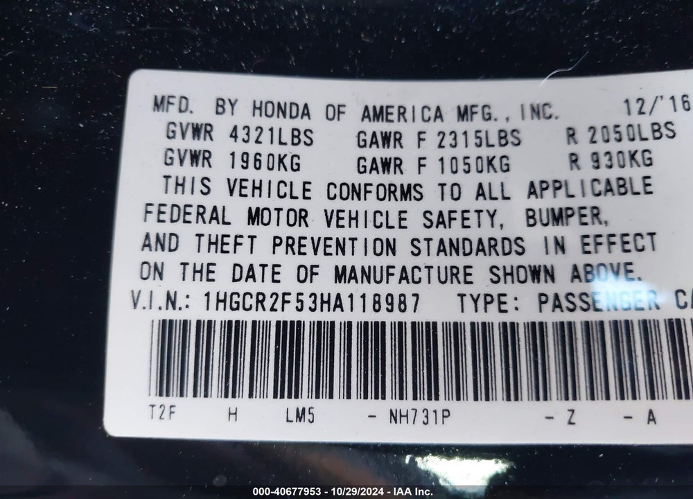 2017 HONDA ACCORD SPORT VIN: 1HGCR2F53HA118987