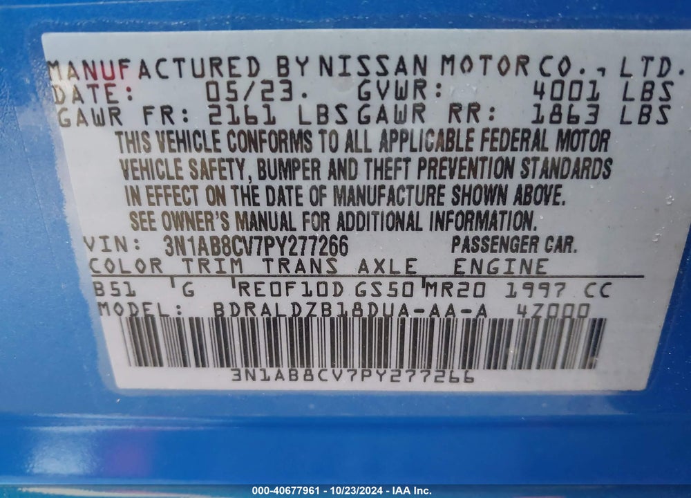 2023 NISSAN SENTRA SV XTRONIC CVT VIN: 3N1AB8CV7PY277266