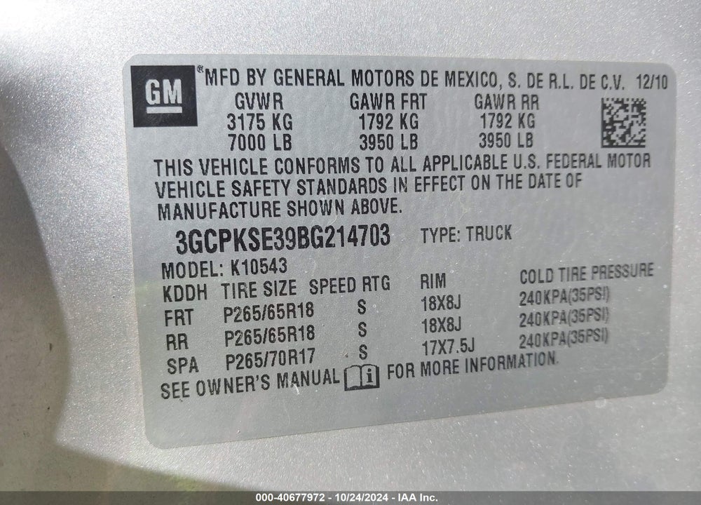 2011 CHEVROLET SILVERADO 1500 LT VIN: 3GCPKSE39BG214703