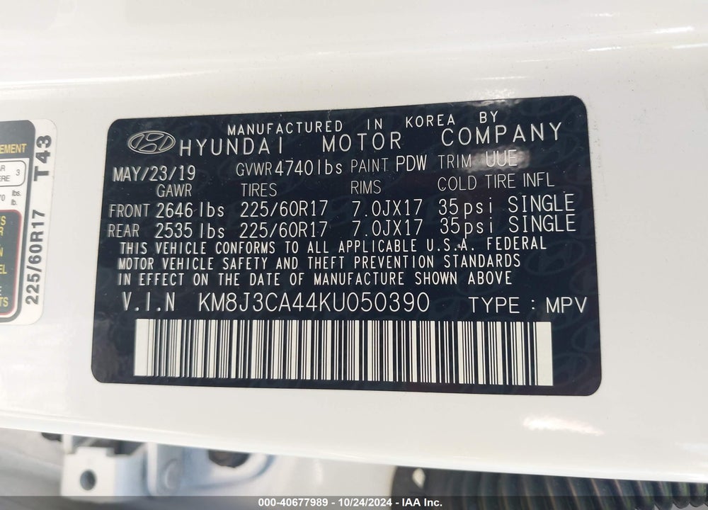 2019 HYUNDAI TUCSON VALUE VIN: KM8J3CA44KU050390