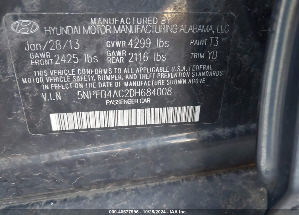 2013 HYUNDAI SONATA VIN: 5NPEB4AC2DH684008