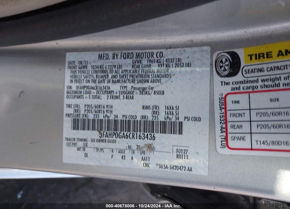 2012 FORD FUSION S VIN: 3FAHP0GA6CR163436