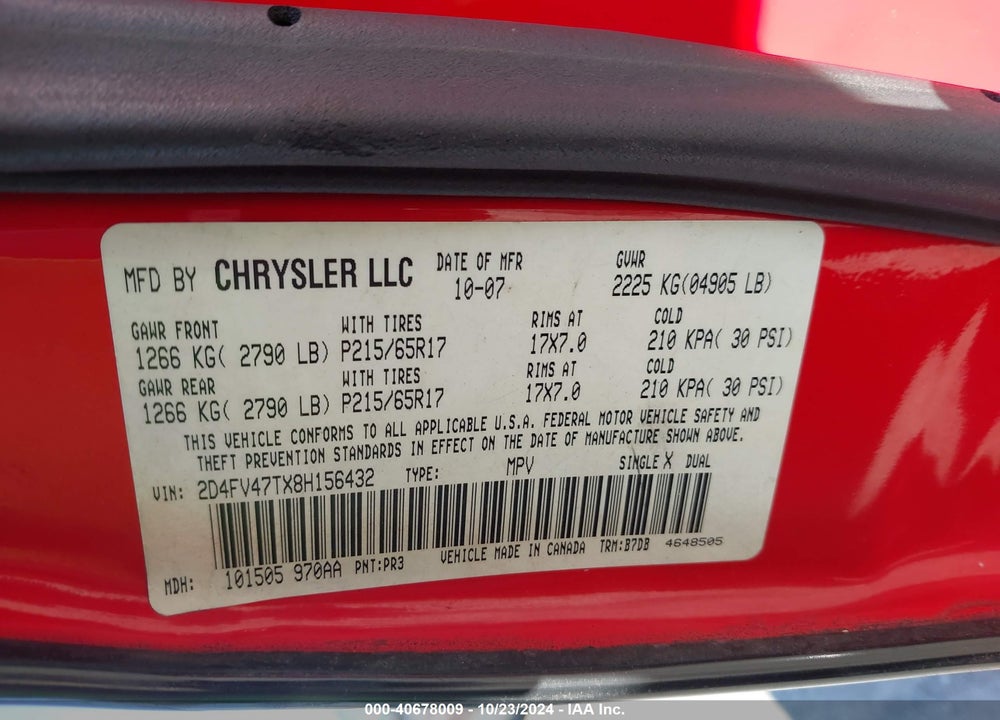 2008 DODGE MAGNUM VIN: 2D4FV47TX8H156432