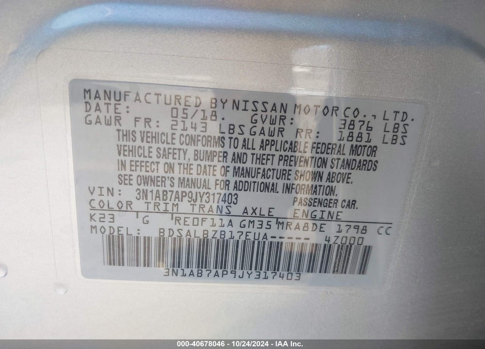 2018 NISSAN SENTRA S VIN: 3N1AB7AP9JY317403