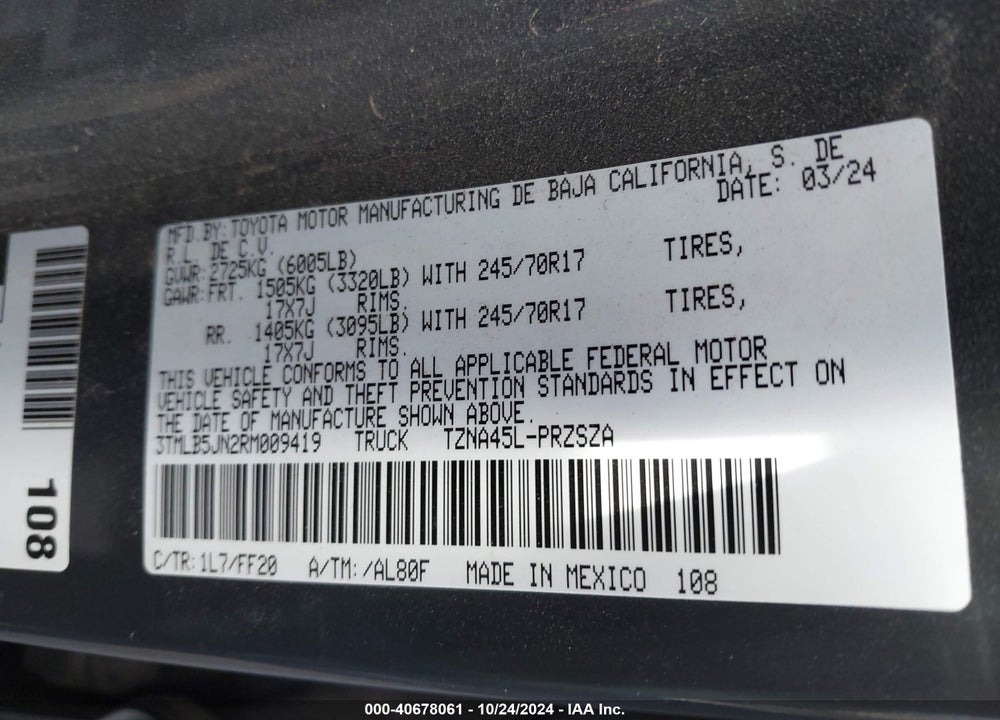 2024 TOYOTA TACOMA SR5 VIN: 3TMLB5JN2RM009419