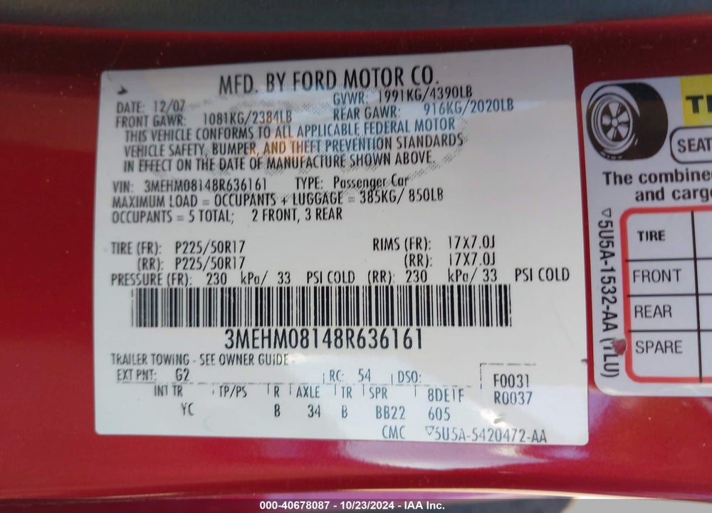 2008 MERCURY MILAN V6 PREMIER VIN: 3MEHM08148R636161