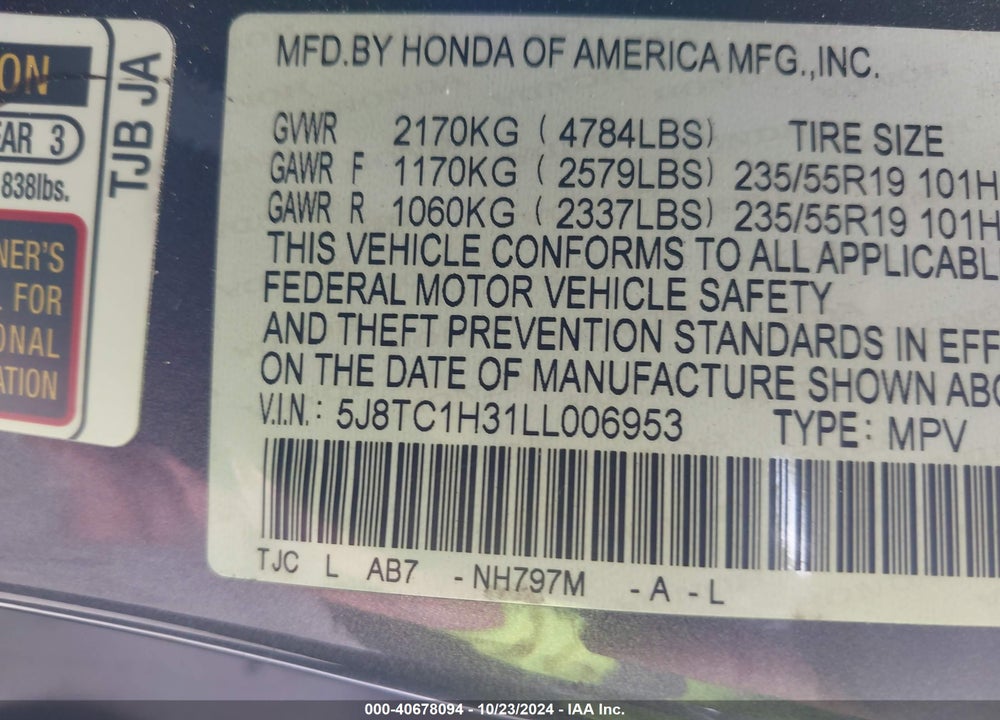 2020 ACURA RDX STANDARD VIN: 5J8TC1H31LL006953