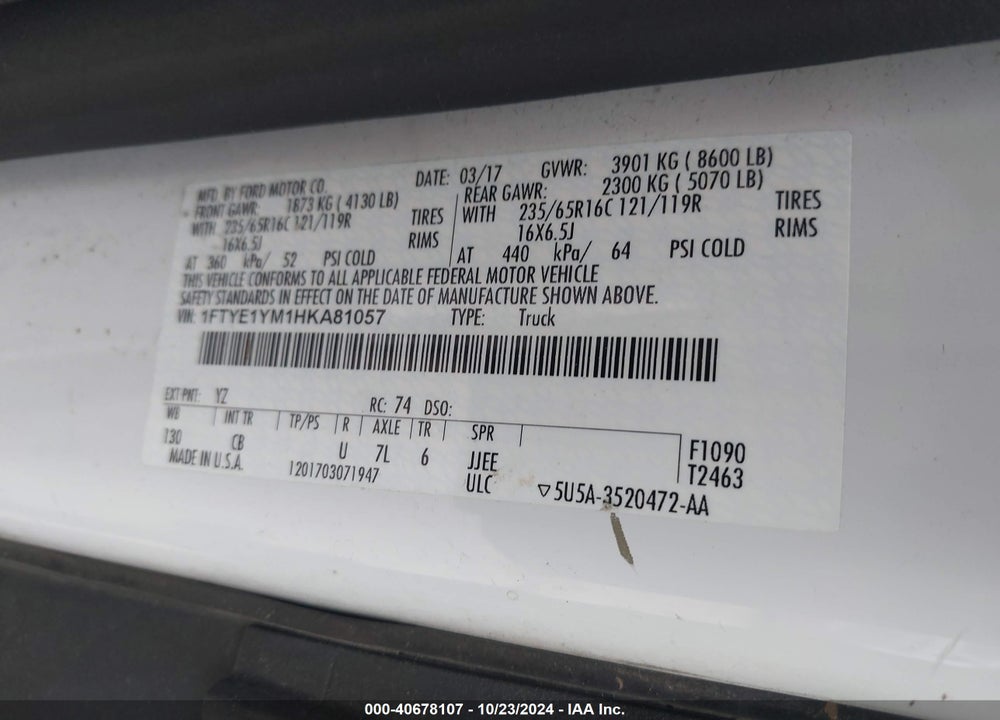 2017 FORD TRANSIT-150 VIN: 1FTYE1YM1HKA81057