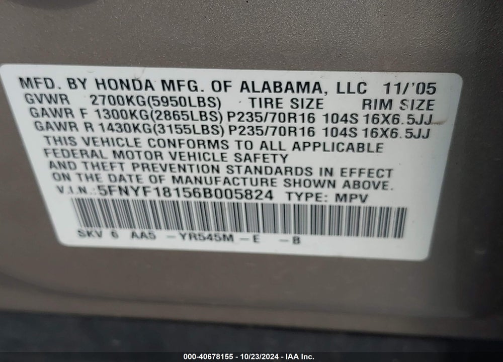 2006 HONDA PILOT LX VIN: 5FNYF18156B005824