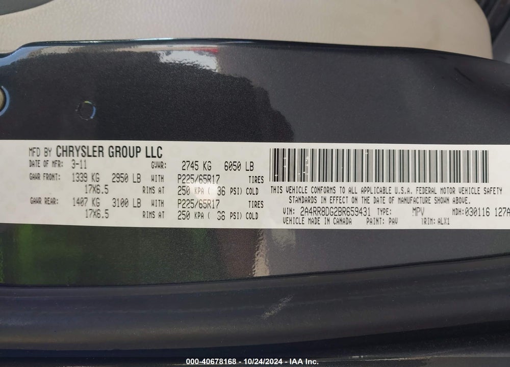 2011 CHRYSLER TOWN & COUNTRY TOURING-L VIN: 2A4RR8DG2BR659431