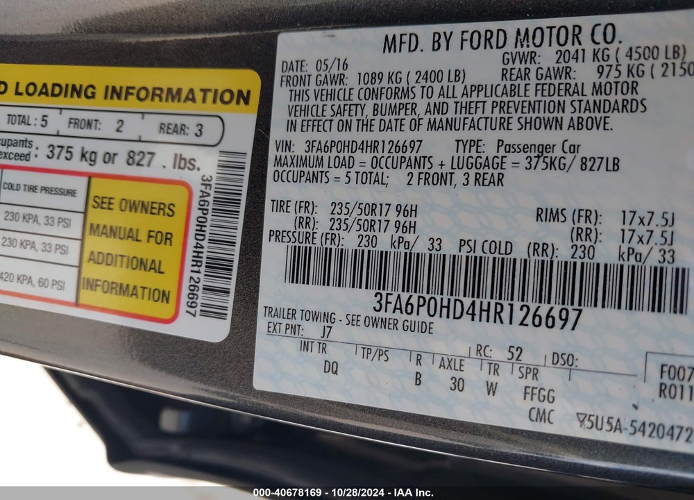 2017 FORD FUSION SE VIN: 3FA6P0HD4HR126697