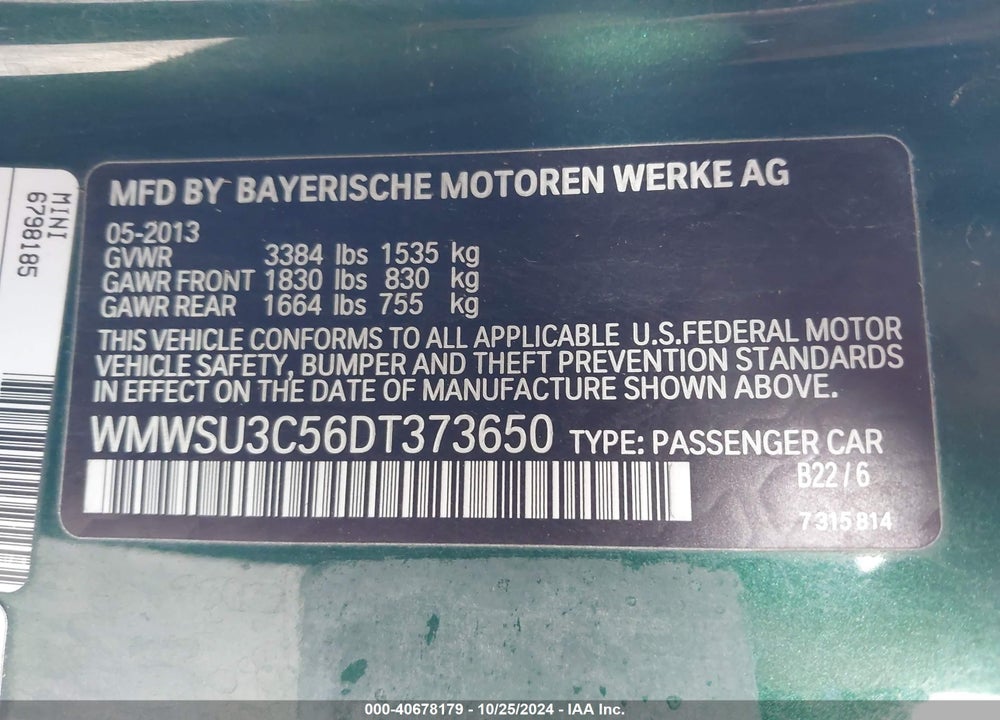 2013 MINI HARDTOP COOPER VIN: WMWSU3C56DT373650