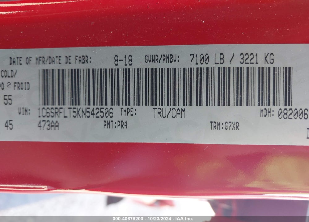2019 RAM 1500 REBEL VIN: 1C6SRFLT5KN542506