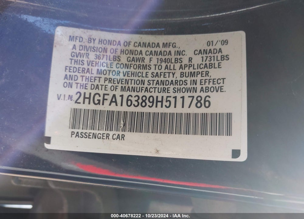 2009 HONDA CIVIC VP VIN: 2HGFA16389H511786