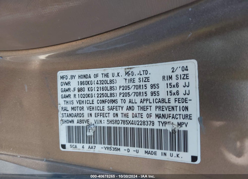 2004 HONDA CR-V LX VIN: SHSRD785X4U228379