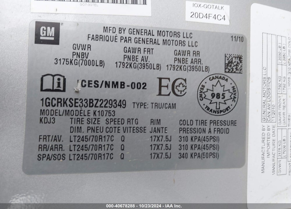 2011 CHEVROLET SILVERADO 1500 LT VIN: 1GCRKSE33BZ229349