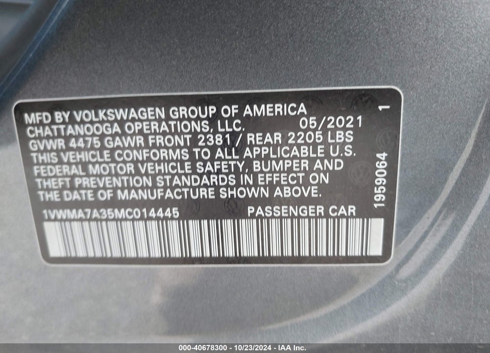 2021 VOLKSWAGEN PASSAT 2.0T R-LINE VIN: 1VWMA7A35MC014445