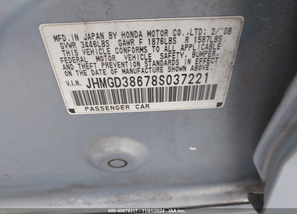 2008 HONDA FIT SPORT VIN: JHMGD38678S037221