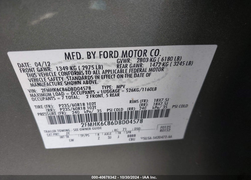 2013 FORD FLEX SEL VIN: 2FMHK6C86DBD04578