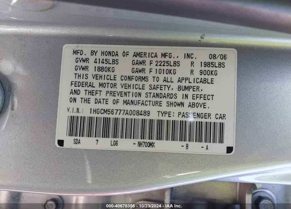 2007 HONDA ACCORD 2.4 EX VIN: 1HGCM56777A008489