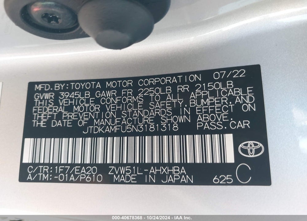 2022 TOYOTA PRIUS XLE VIN: JTDKAMFU5N3181318