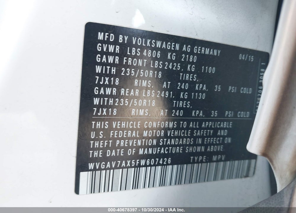 2015 VOLKSWAGEN TIGUAN SE VIN: WVGAV7AX5FW607426