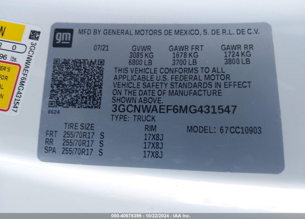 2021 CHEVROLET SILVERADO 1500 2WD LONG BED WT VIN: 3GCNWAEF6MG431547