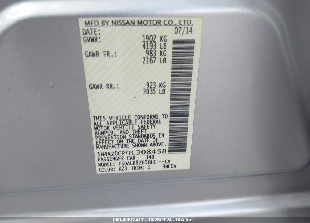 2015 NISSAN LEAF S VIN: 1N4AZ0CP7FC308458
