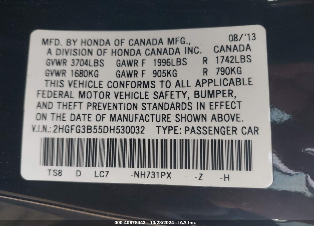 2013 HONDA CIVIC LX VIN: 2HGFG3B55DH530032